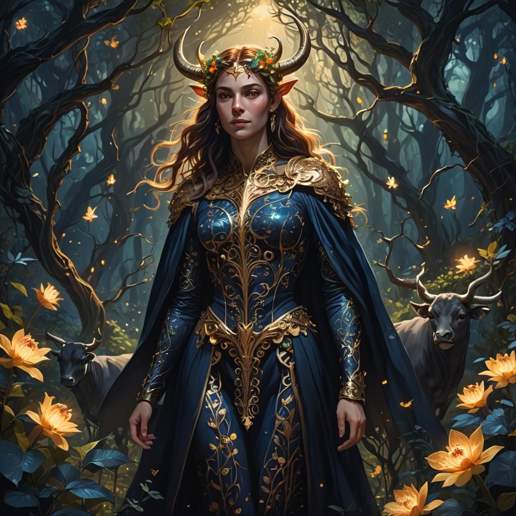 Taurus as Beautiful Woman in Midnight Blue Forest