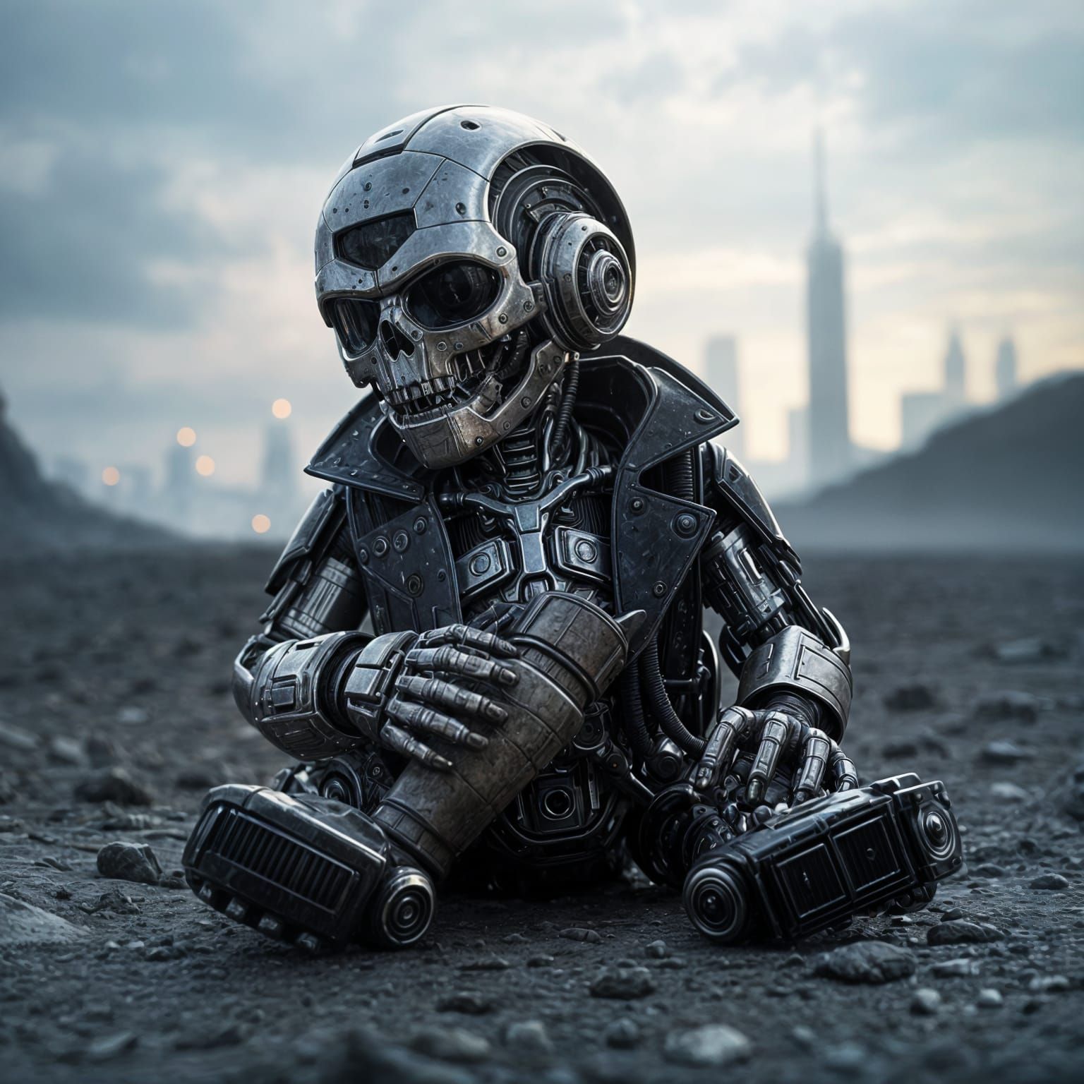 Crying Baby Terminator in Futuristic Epic Setting