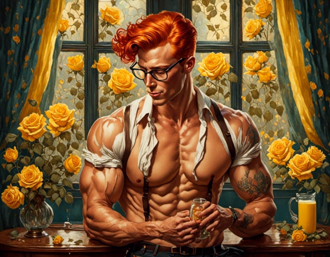 Redhead Hunk Drinking Milk, Retro Pin-Up Style