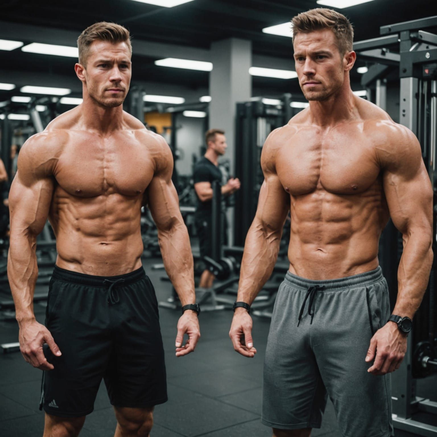 Two Muscular Men Spotting Squats in a Gym