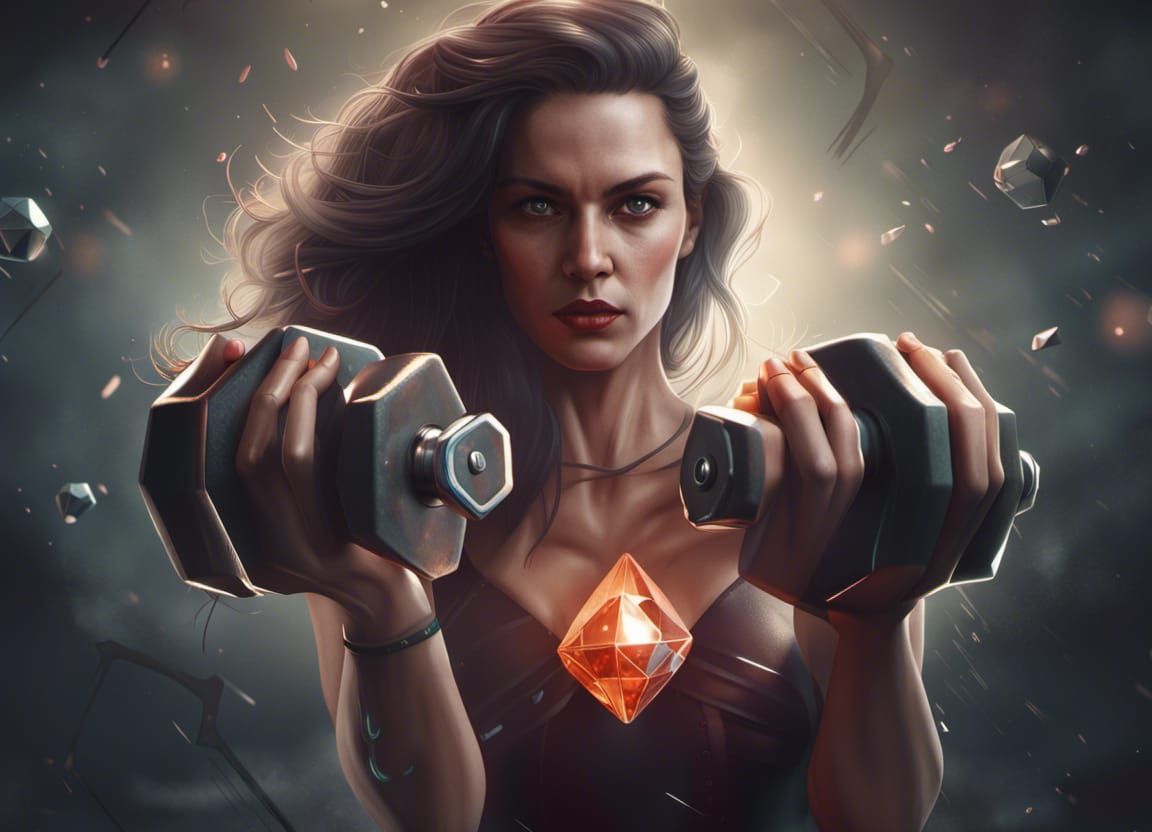 Woman Lifts Diamond Dumbbell: Detailed Matte Painting