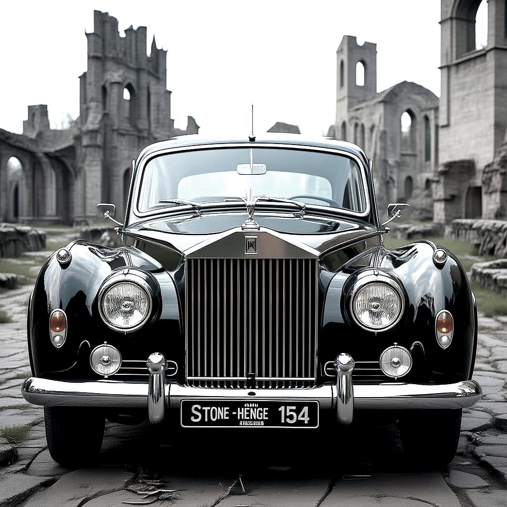 Robots in Rolls Royce at Stonehenge Ruins