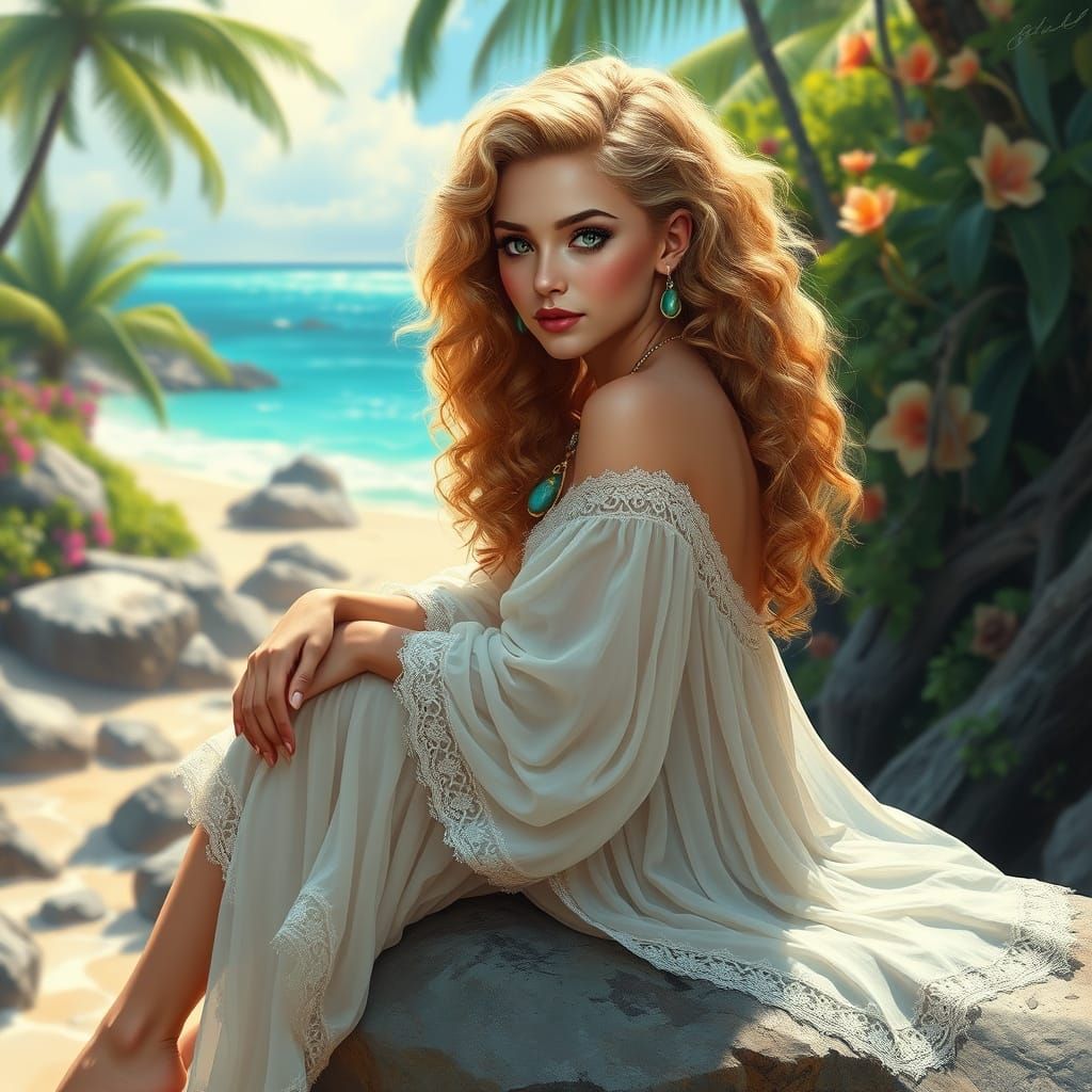 Tropical Beach Woman in Digital Oil Painting Style