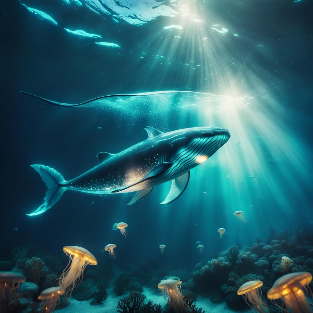 Glowing Glass Whale in Underwater Cinematic Scene