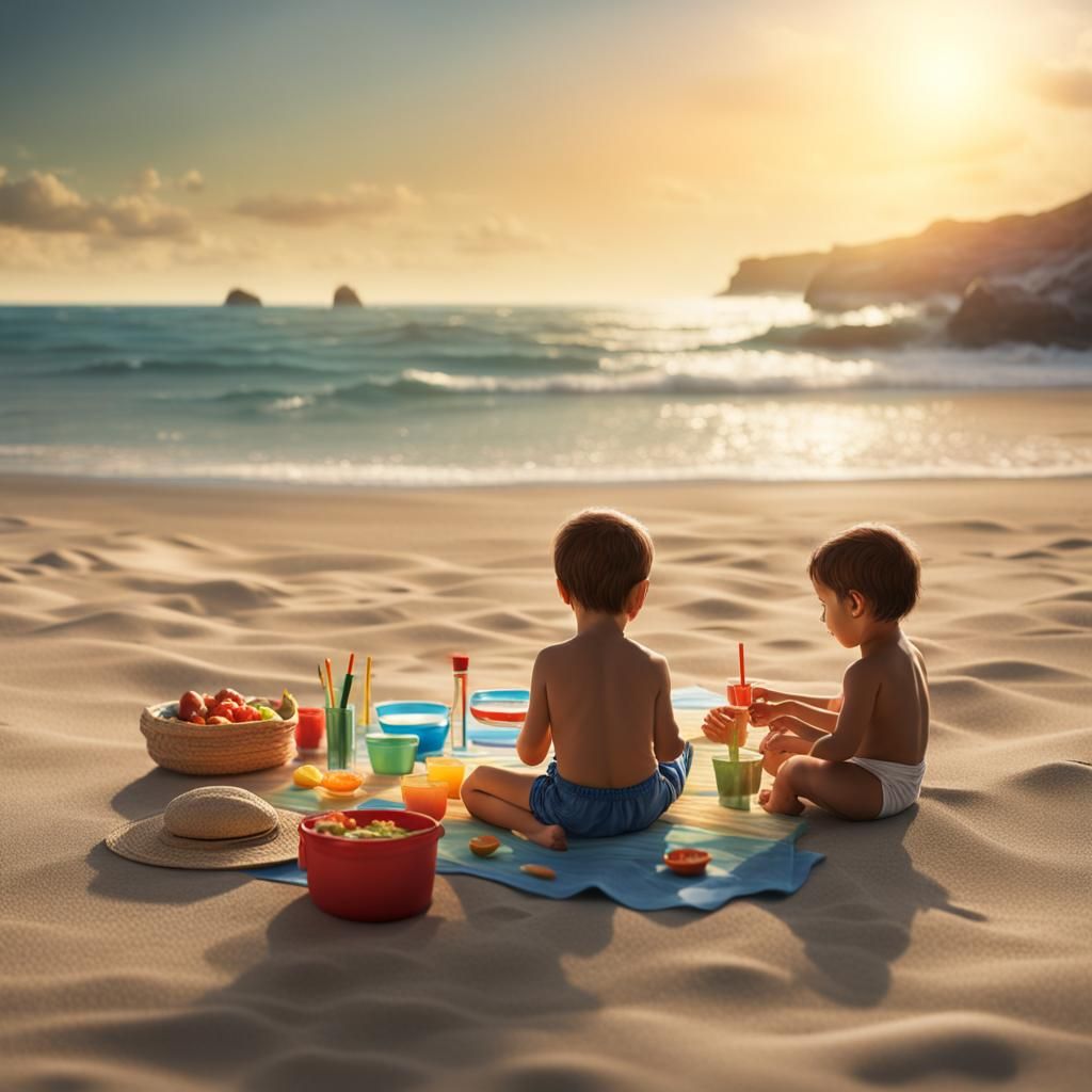 Hyperrealistic Beach Scene with Child Playing