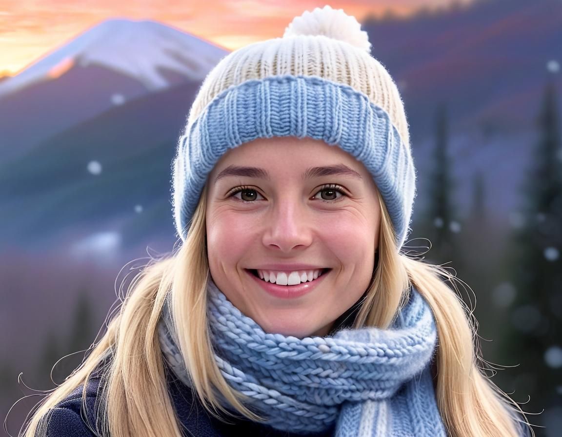 Snowy Portrait of Woman in Mountain Forest