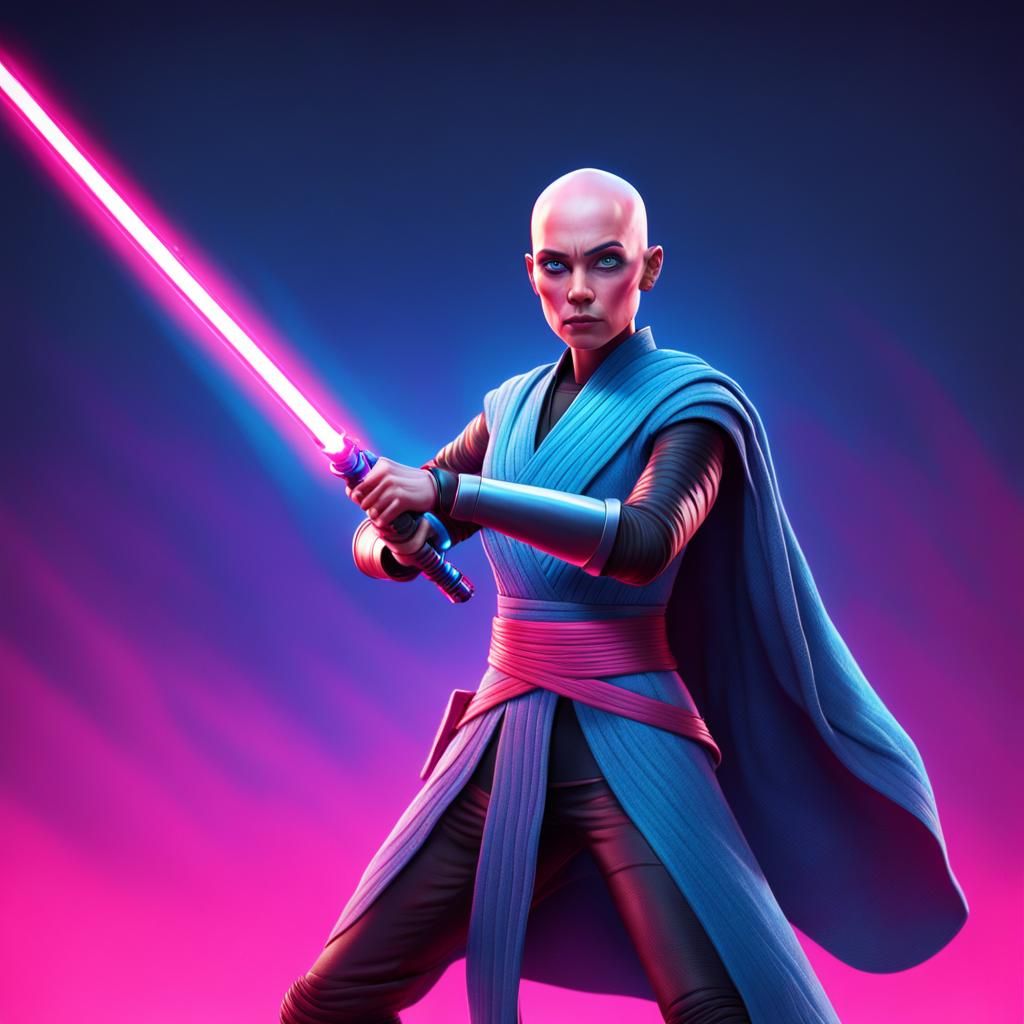 Bald Jedi Knight with Pink Lightsaber in 3D