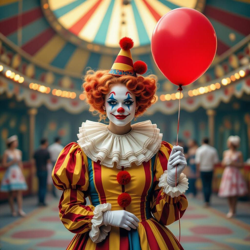 Woman Dressed as a Clown With Red Balloon