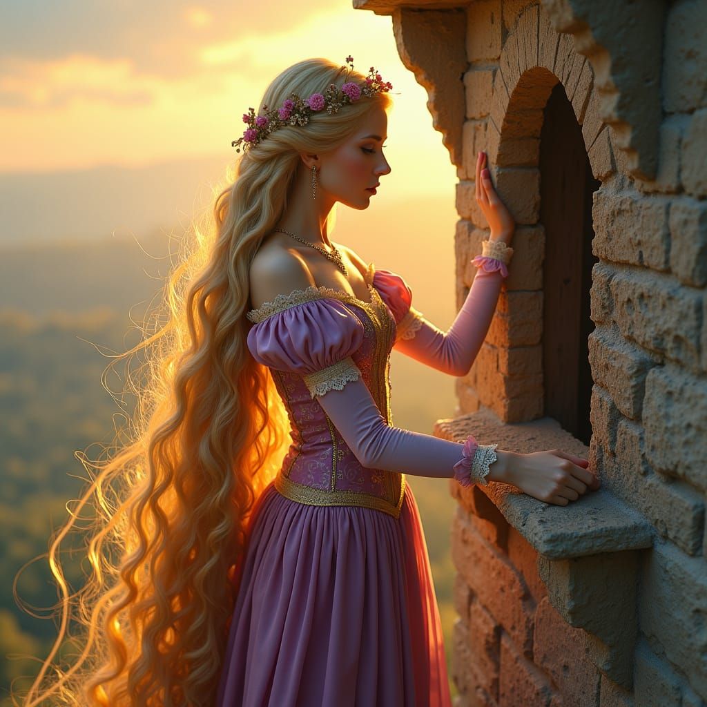 Rapunzel with Golden Hair in Pre-Raphaelite Style