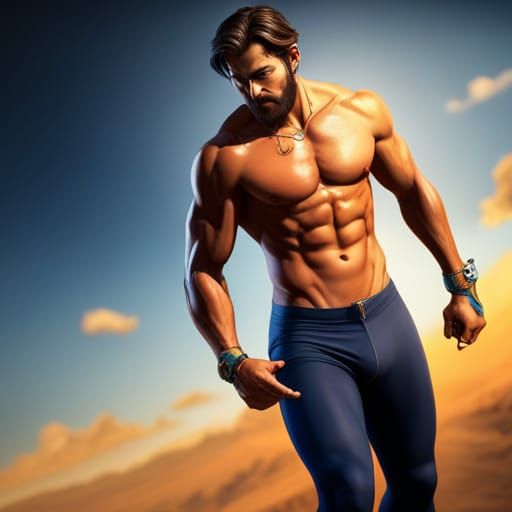 Muscled Genie in Blue Lycra: Fantasy Art