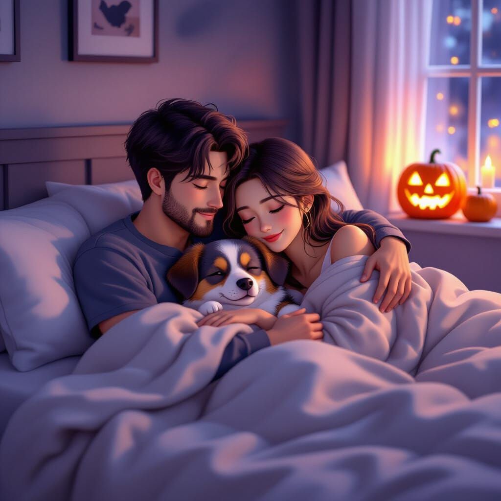 Couple Snuggles Under Halloween Blanket in 3D Anime Style