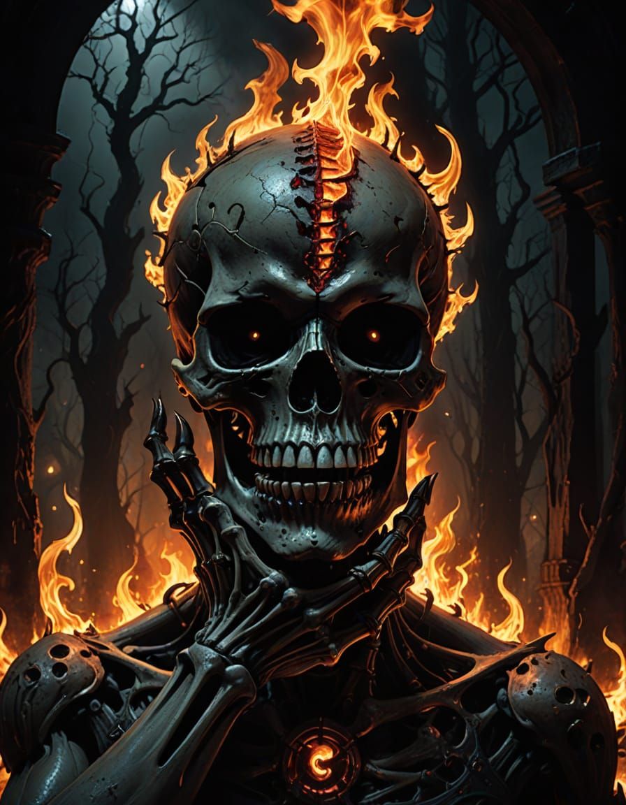 Skeletal Hand Holds Up Devil's Skull in Fiery Hellish Landsc...