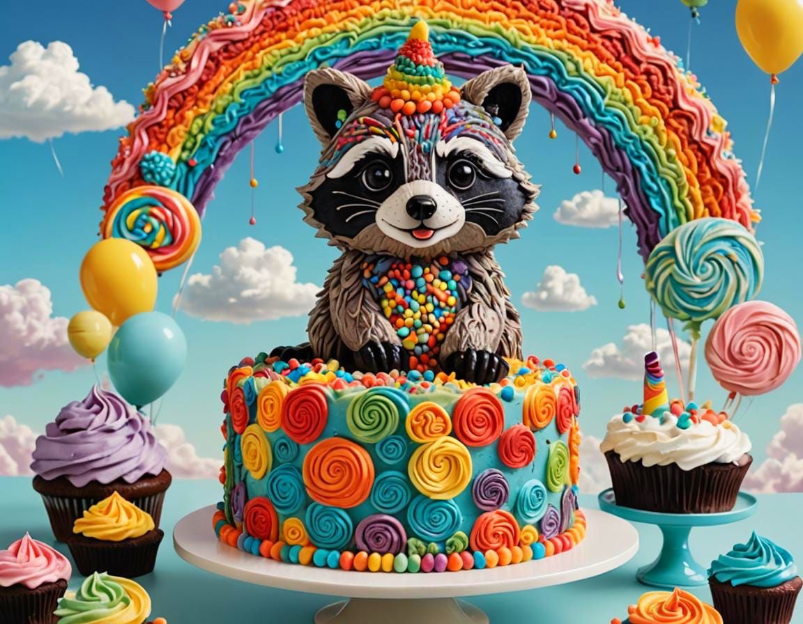 Rainbow Raccoon Cake with Ostrich Girl