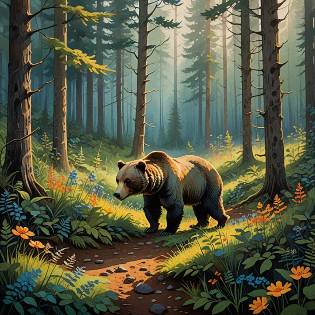 Whimsical Grizzly Bear in a Vibrant Alaskan Forest