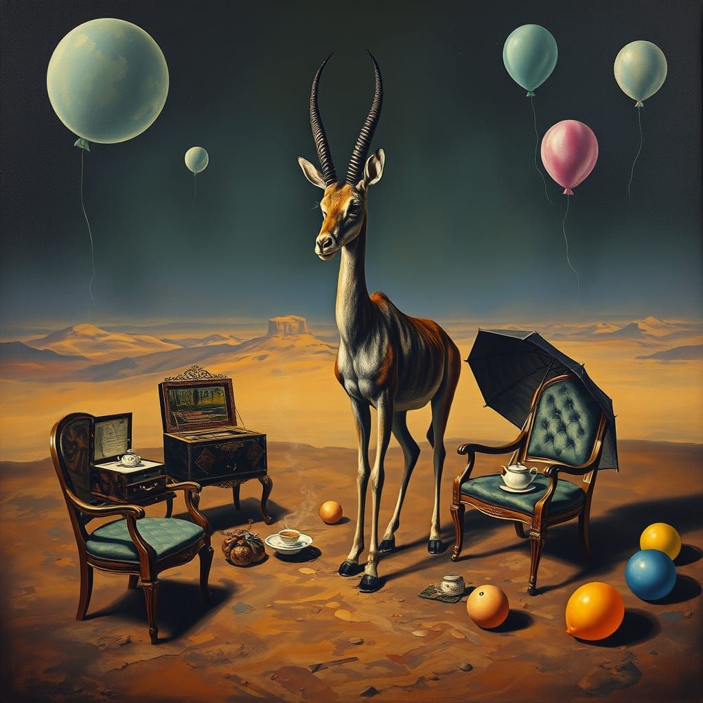 Antelope in Surreal Desert Night, Dali Style