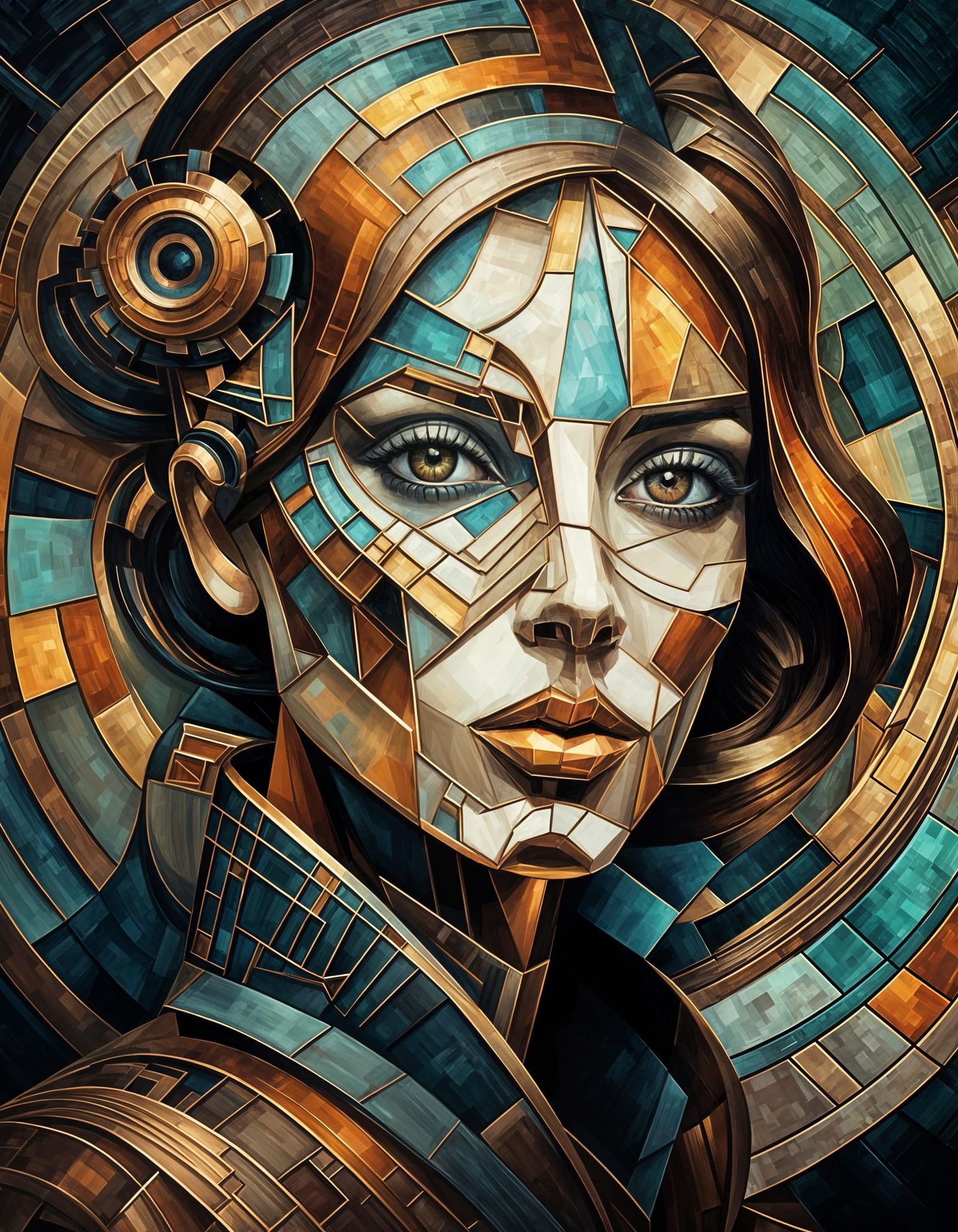 Cubist Steampunk Woman Portrait in Metallic Art Deco Style