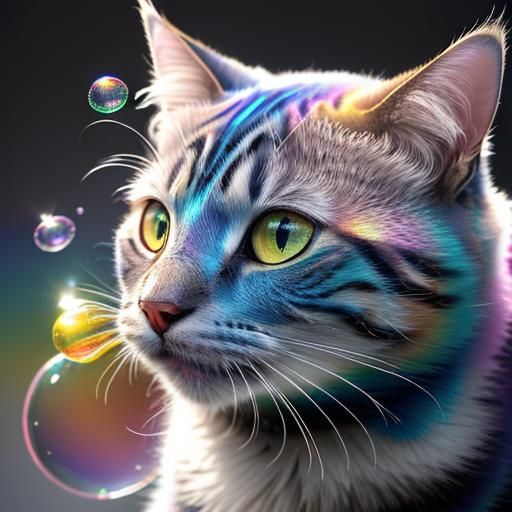 Cat Balances Iridescent Soap Bubble: Macro Photography