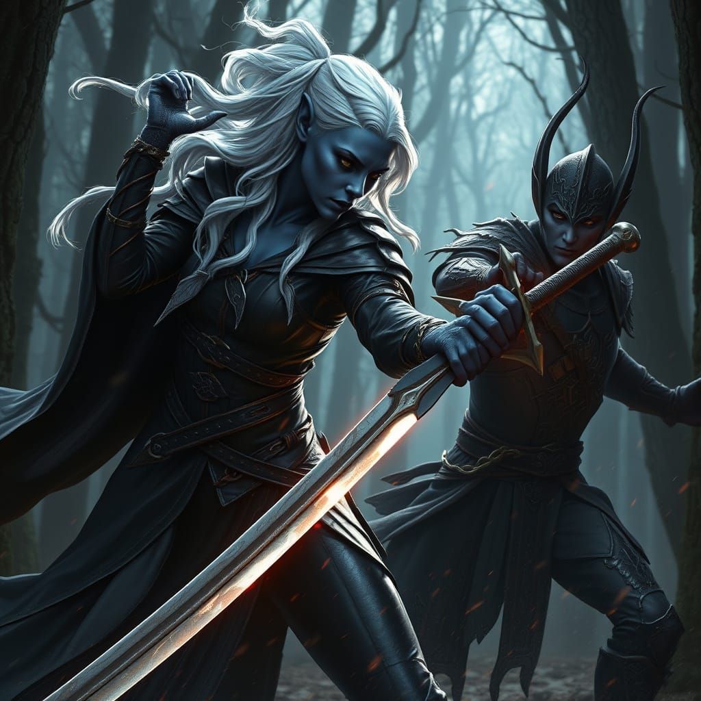 Mysterious Dark Elf Warrior Engages in Epic Battle with Elf ...