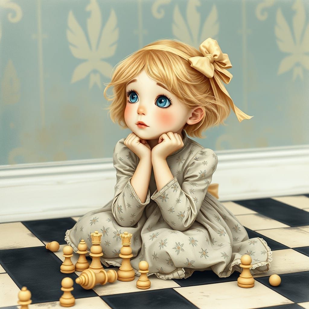 Innocent Girl in Vintage-Inspired Scene with Wistful Express...