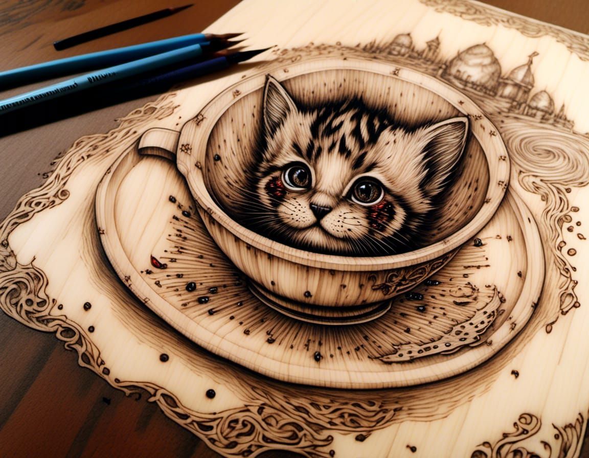 A pyrography of a cat teacup