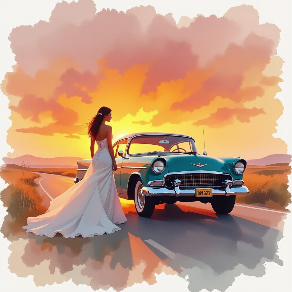 Sunset Scene in Watercolour with Golden Lighting