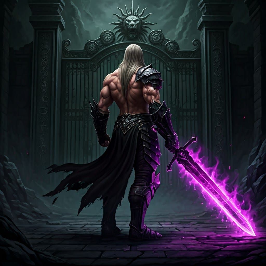 Fantasy Warrior Before Gate of Three Suns