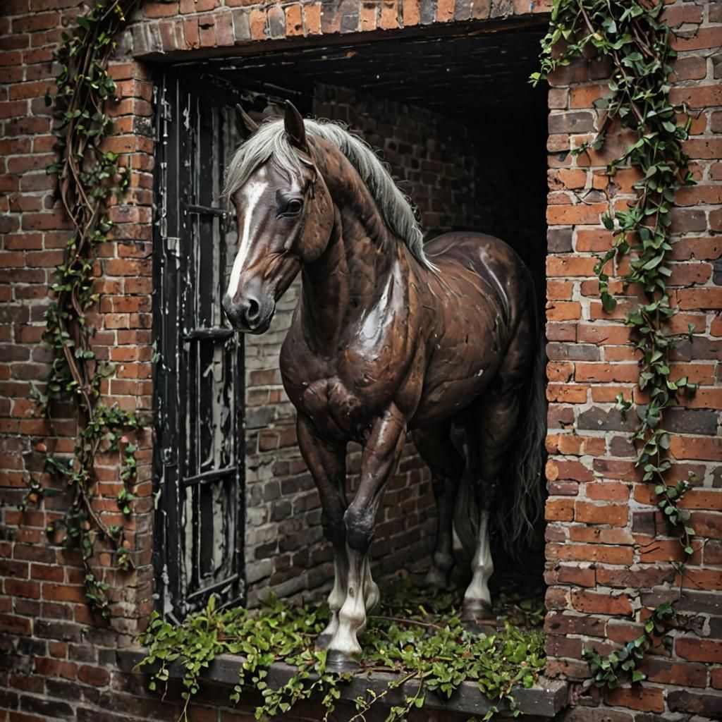 Dark Brick Horse in Hyperreal Desolate Landscape