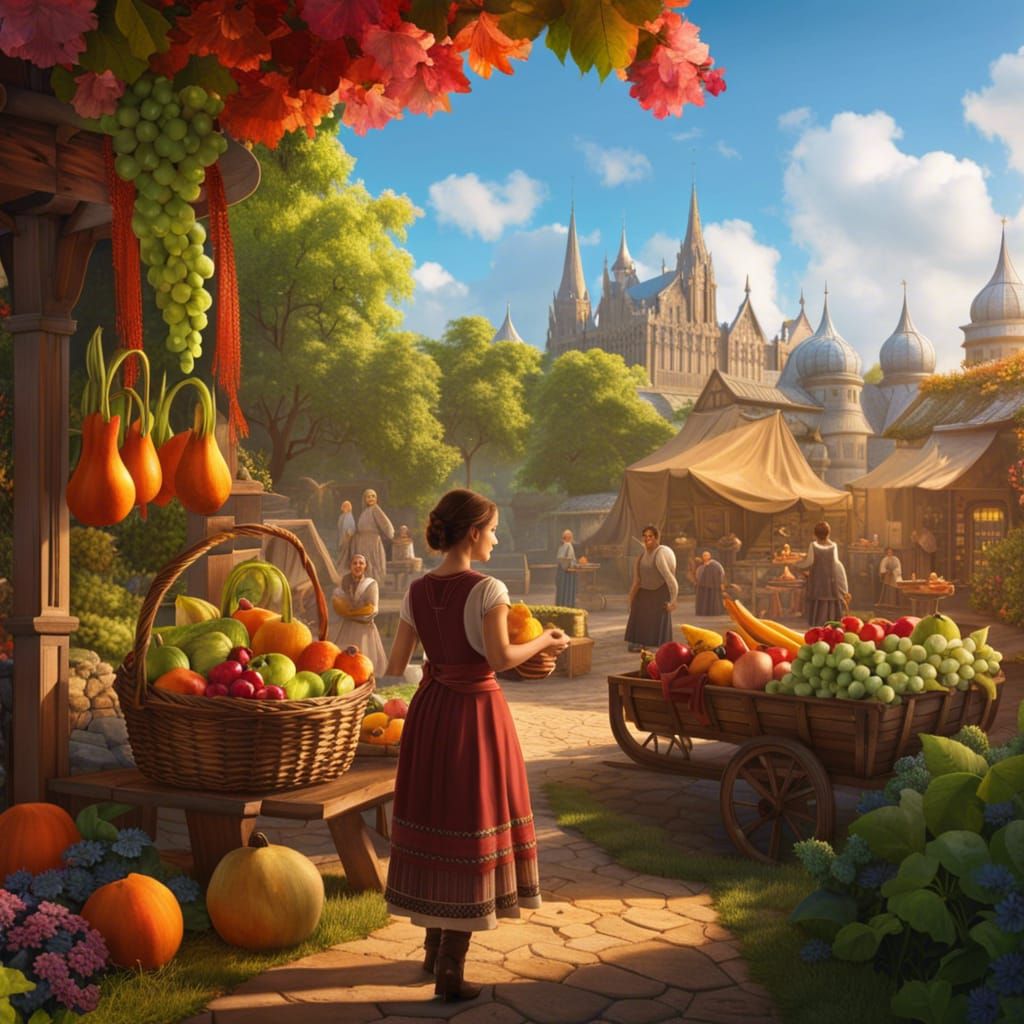 Beautiful farm girl holding a basket of fruit