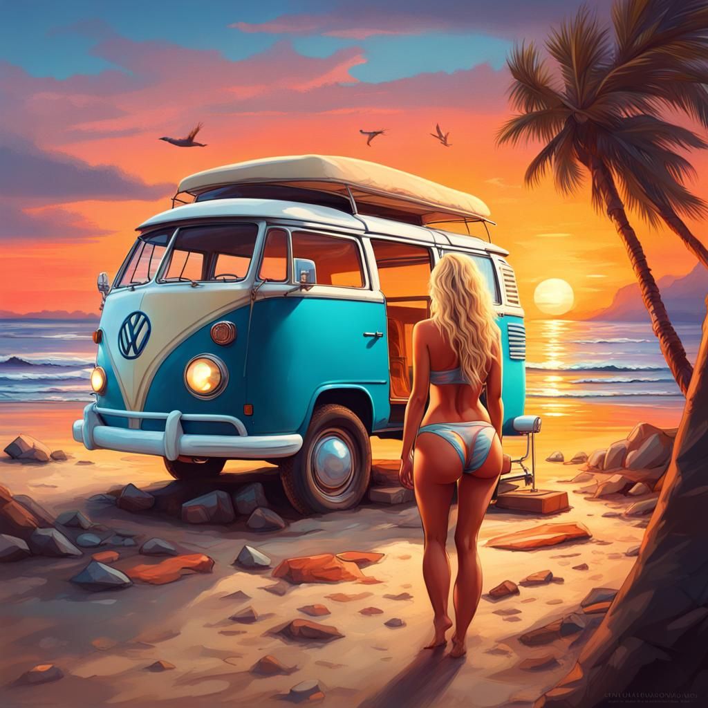 Hyperrealistic Blonde in VW Bus at Beach Sunset