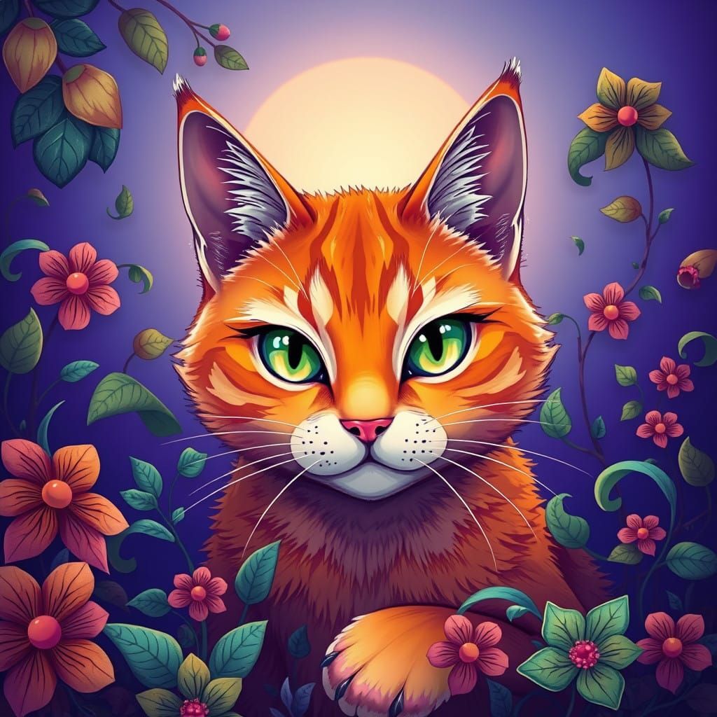 Anime-Style Orange Cat in Vibrant Fantasy Landscape