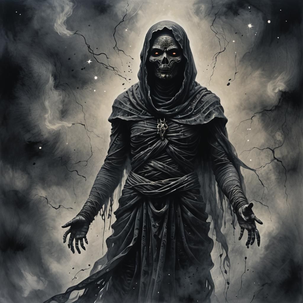 Sinister Black Mummy in Mystical Expressionism