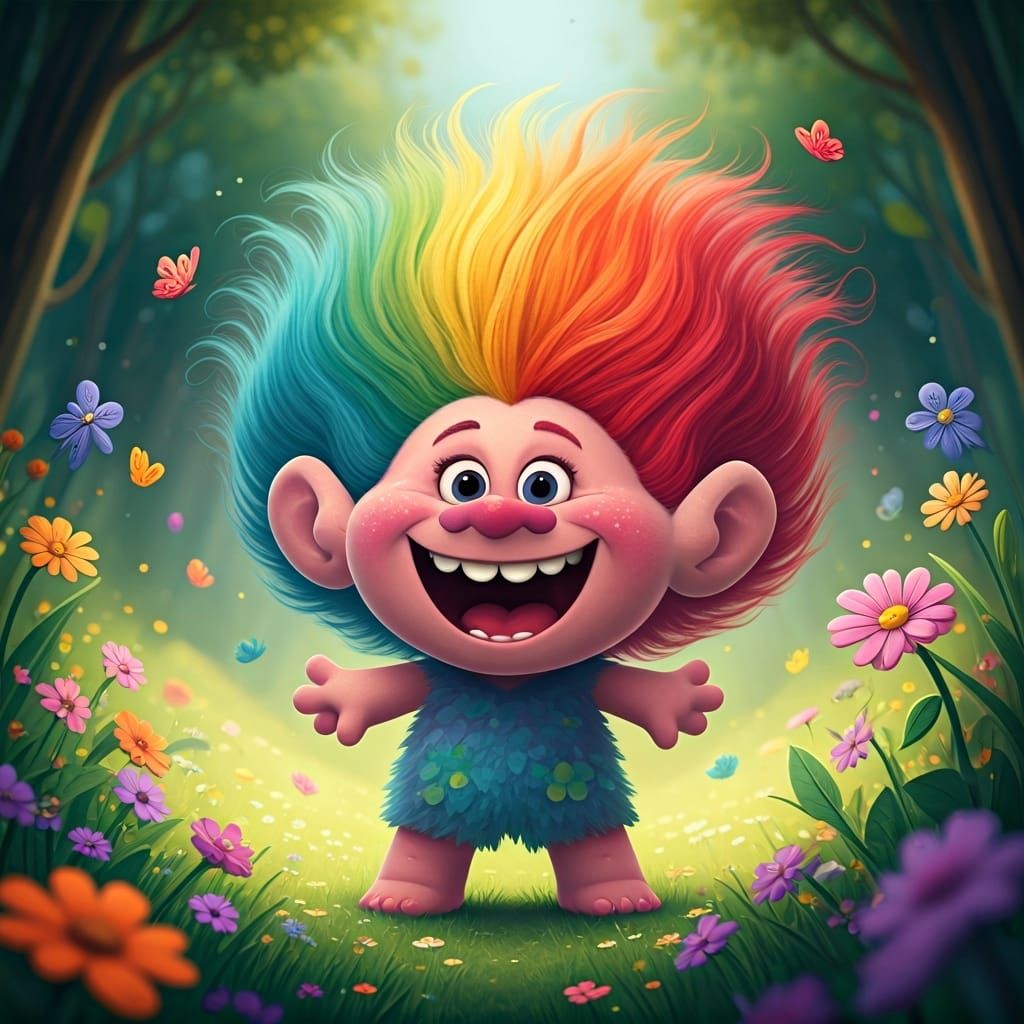 Rainbow Troll Frolicking in Whimsical Meadow