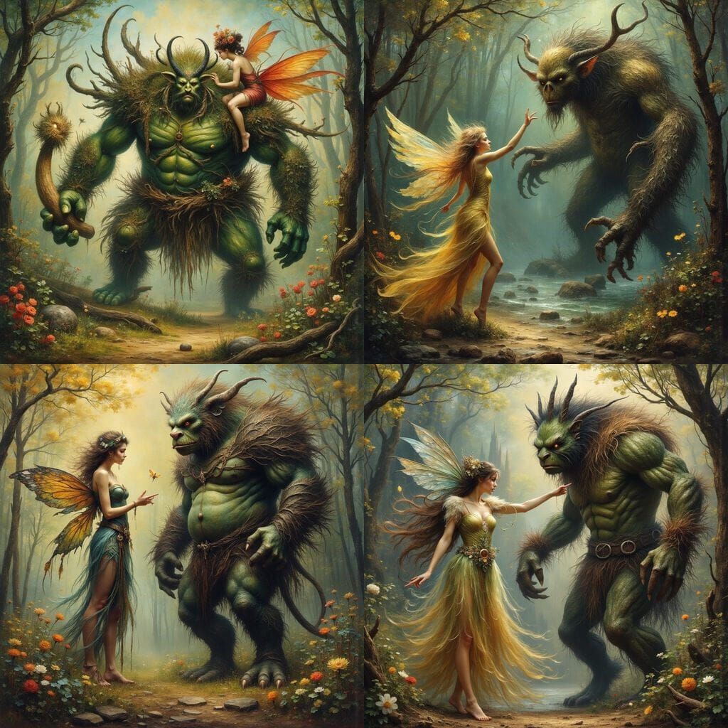 Whimsical Fairy Dance with Troll in Ethereal Magical Scene