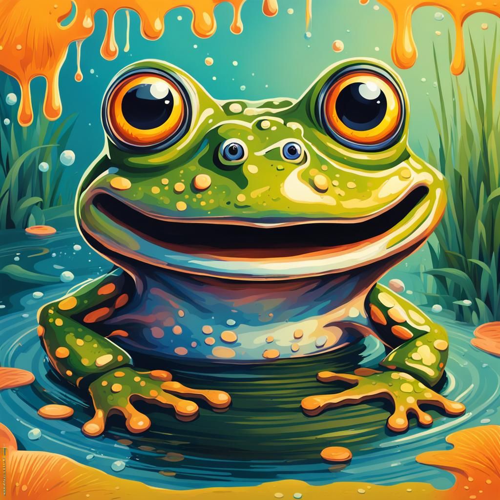 Smiling Frog in Pond, Folk Art Style