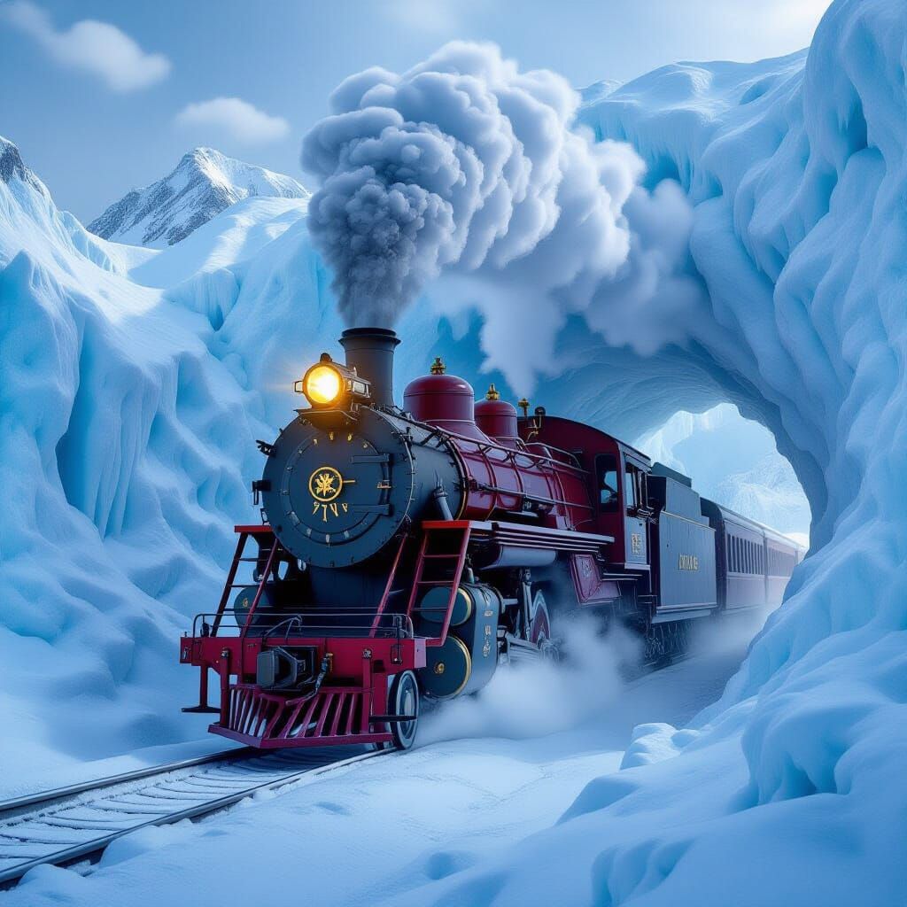 Crimson Steam Train in Glacier Tunnel