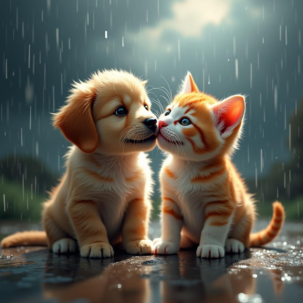 Puppy and Kitten Playdate in Rainy Weather