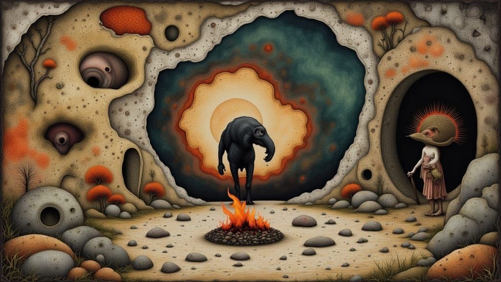 Primal Awakening: Surreal Cave Art and Tribal Elements