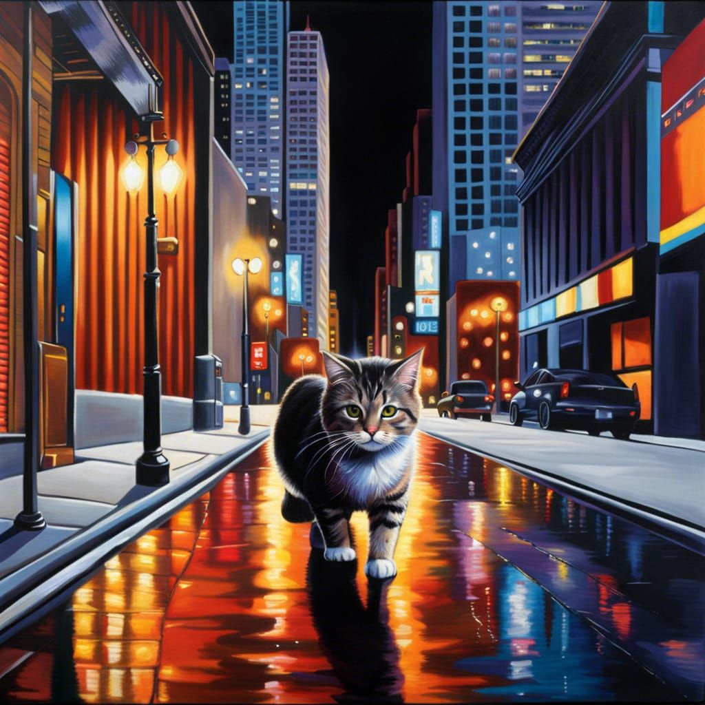 Nighttime Cat Stroll in Hyperrealistic Cityscape