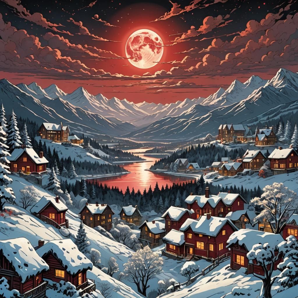 Futuristic Winter Landscape with Full Red Moon