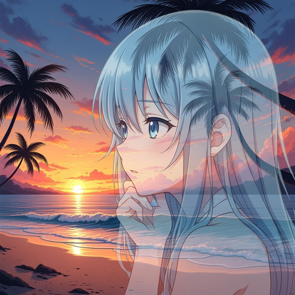 Animated Girl Contemplates Sunset Beach