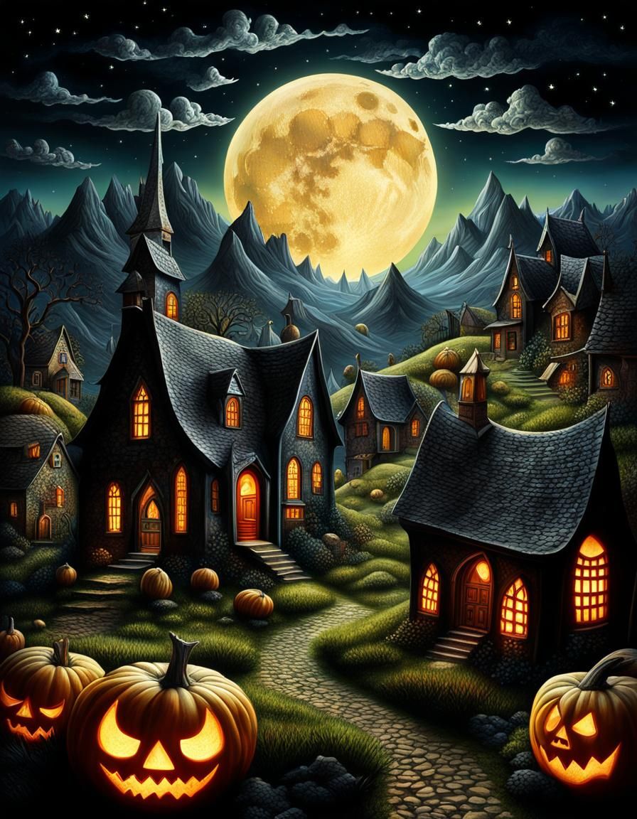 Haunted Village Graveyard in Surrealist Style