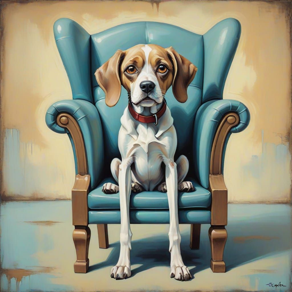 Surreal Floppy Dog with Bone, Whimsical Painting