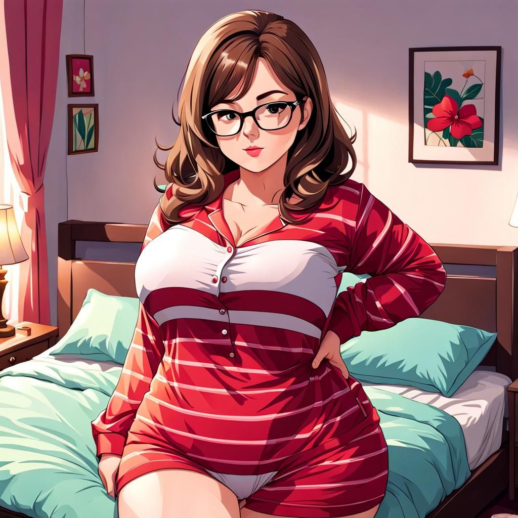 Curvaceous Woman in Pajamas in Bedroom