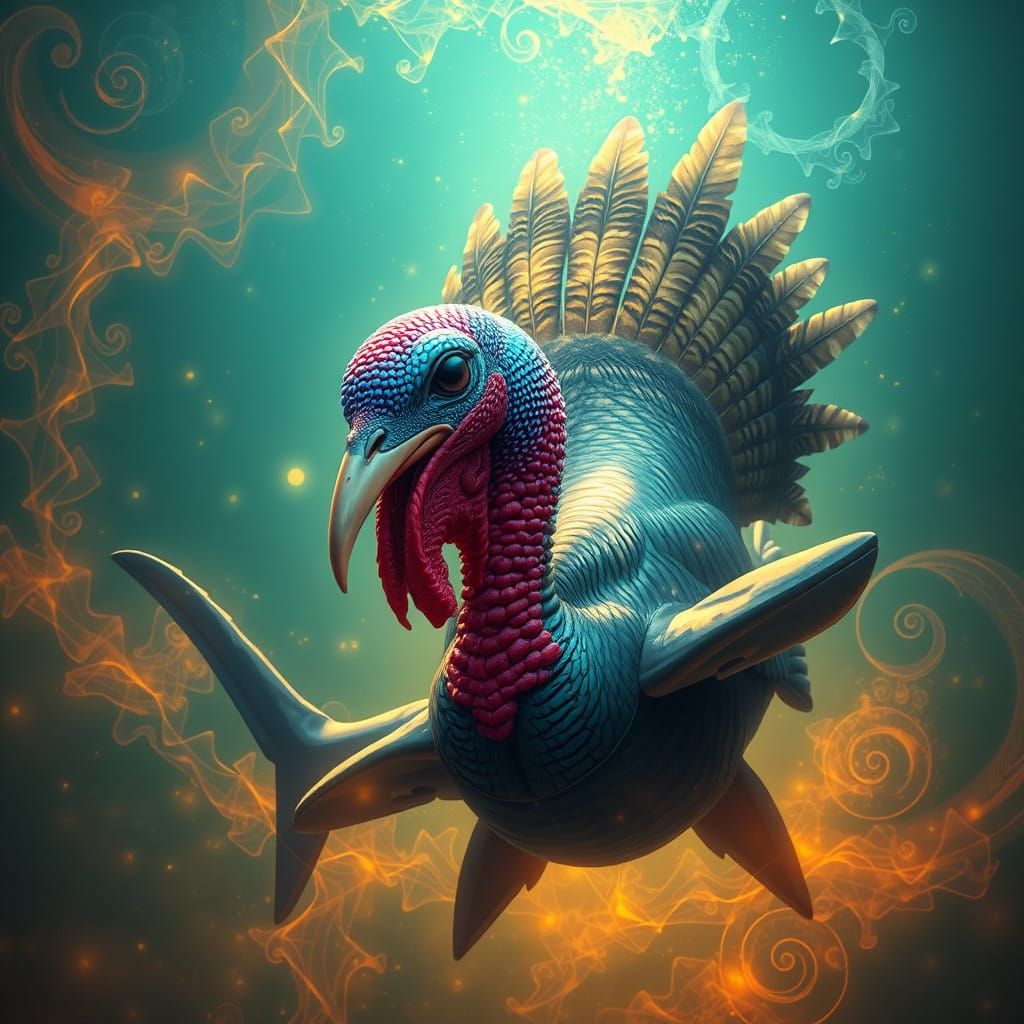 Fantastical Shark-Turkey Hybrid in Ethereal Oceanic Realm