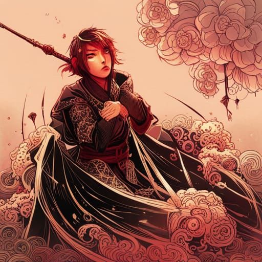 Luminous Japanese Ninja Digital Painting with Gold