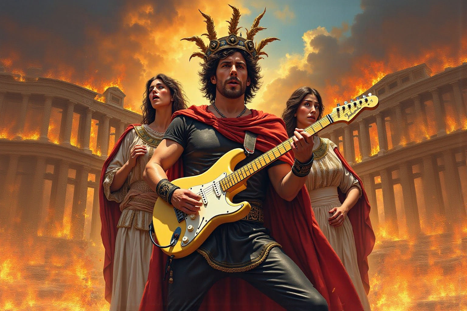 Cartoon Roman Emperor Rockstar Plays Guitar Lyre