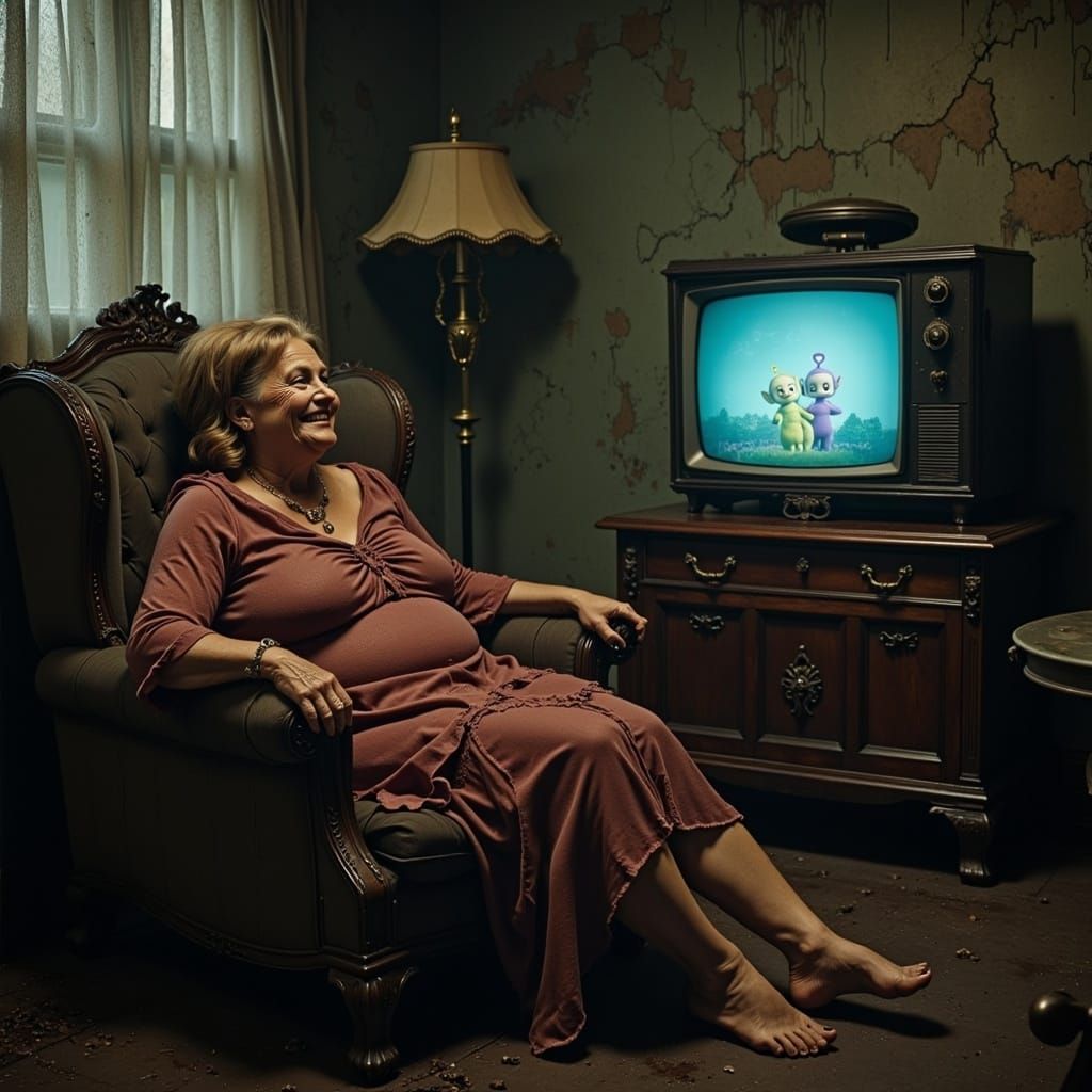 Ms. Tubby Belly watched Teletubbies on the Wellie Telly Surreal Negative effect real realistic realism hyperrealistic hy...