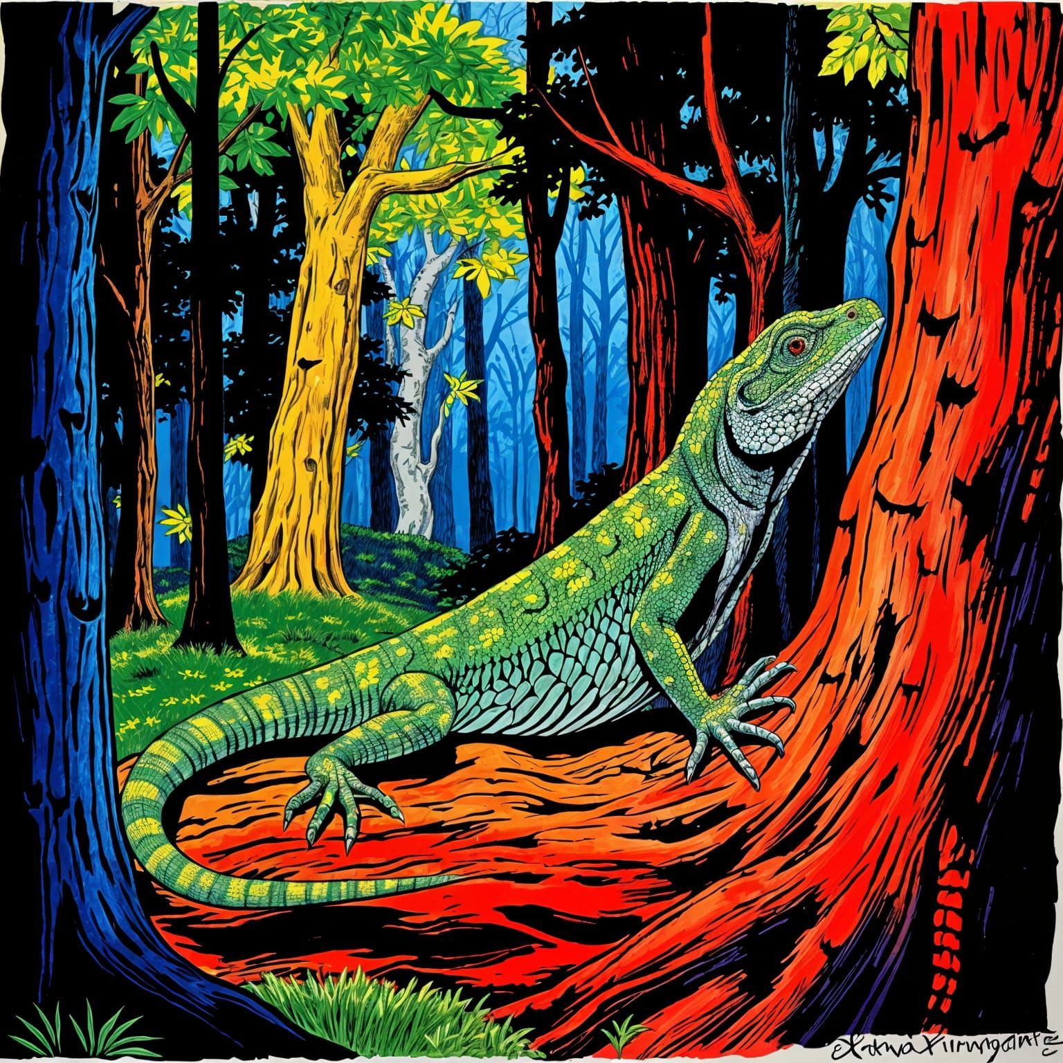 Majestic Lizard in Forest: Acrylic Primitive Print
