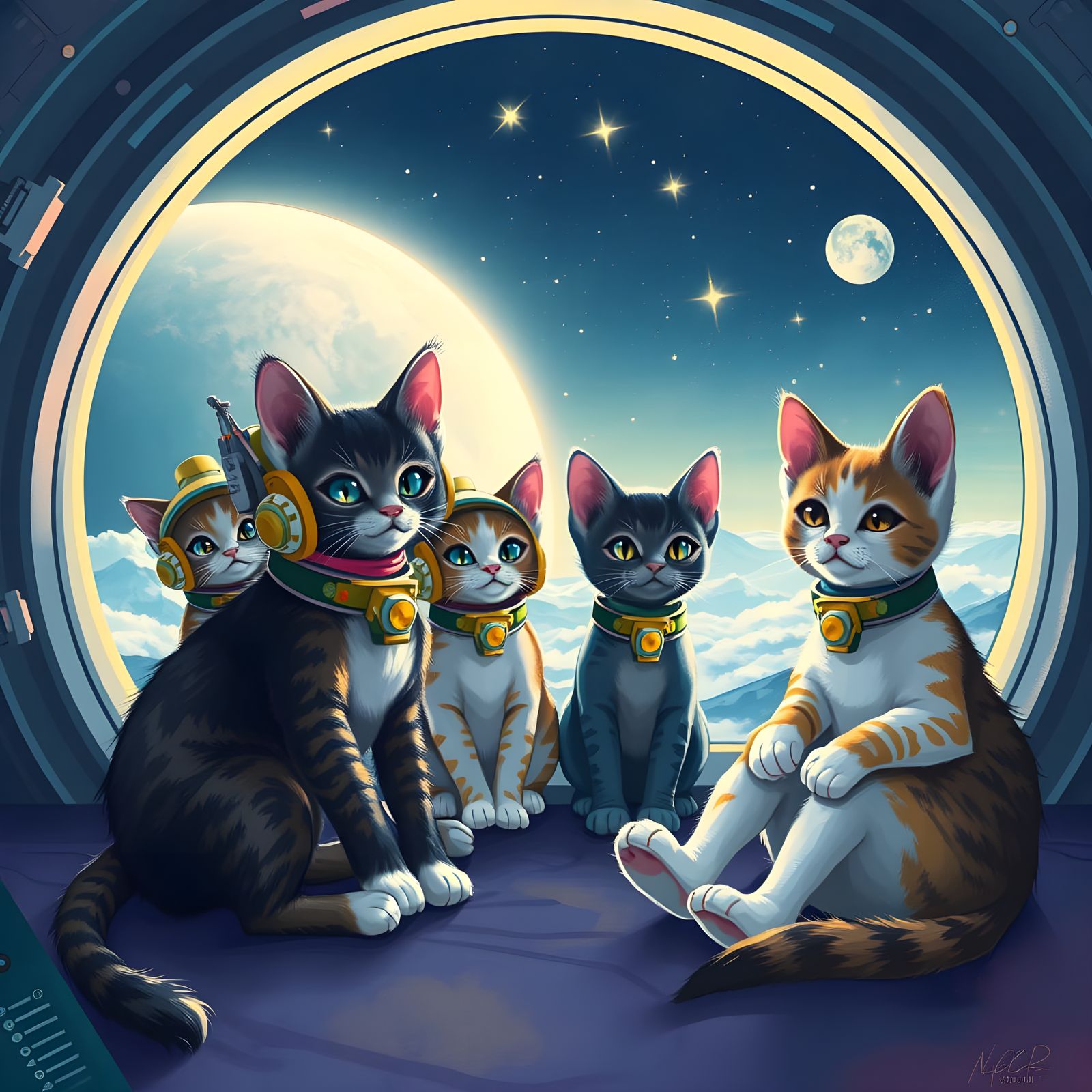 Whimsical Kittens Explore Cosmic Wonders in Vibrant Spaceshi...