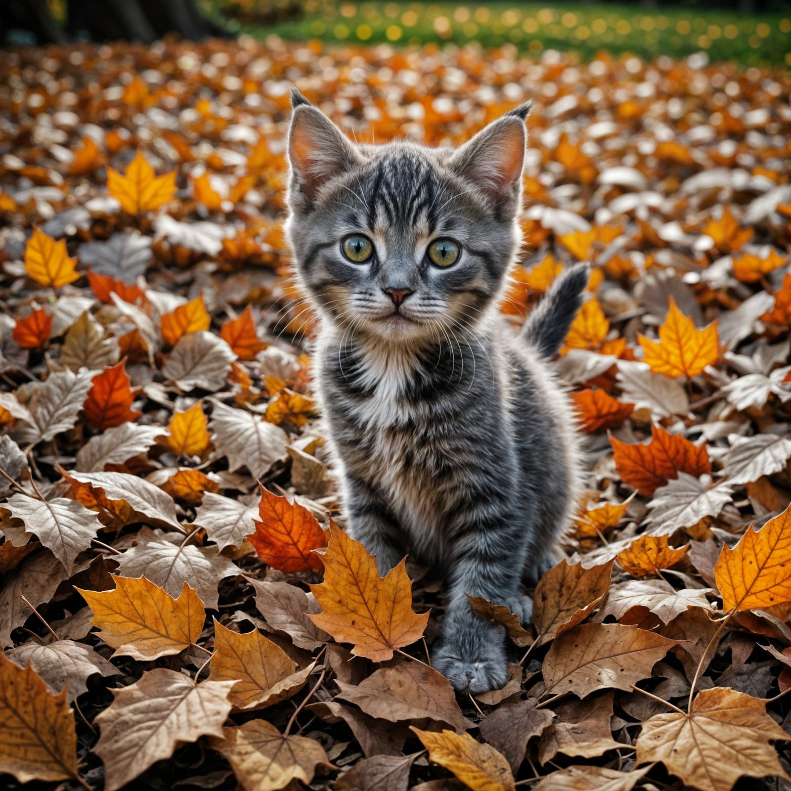 Kittens Playing in Autumn Leaves at Night